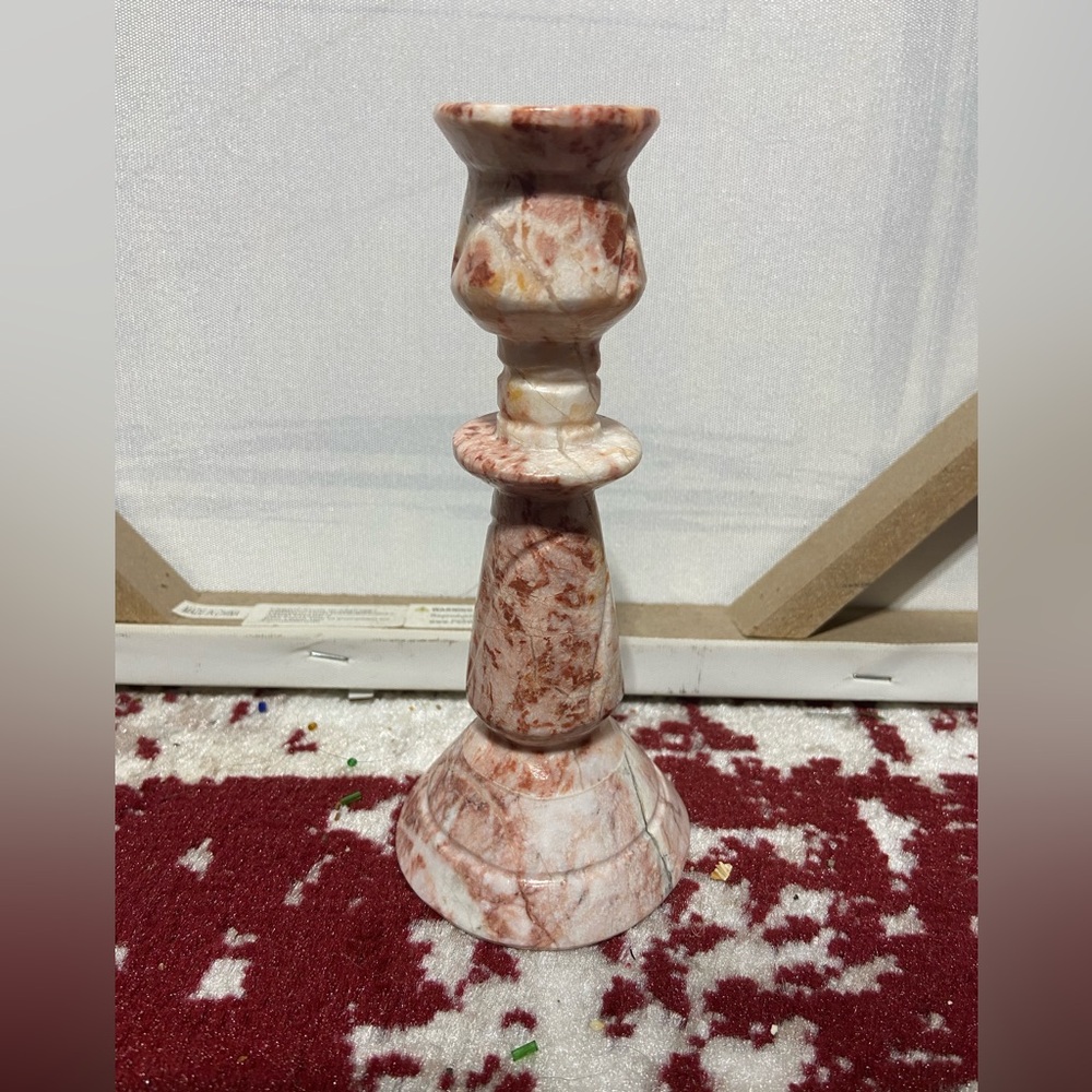 Carved Blush Pink Stone Taper Candle Holder Marbled Decor